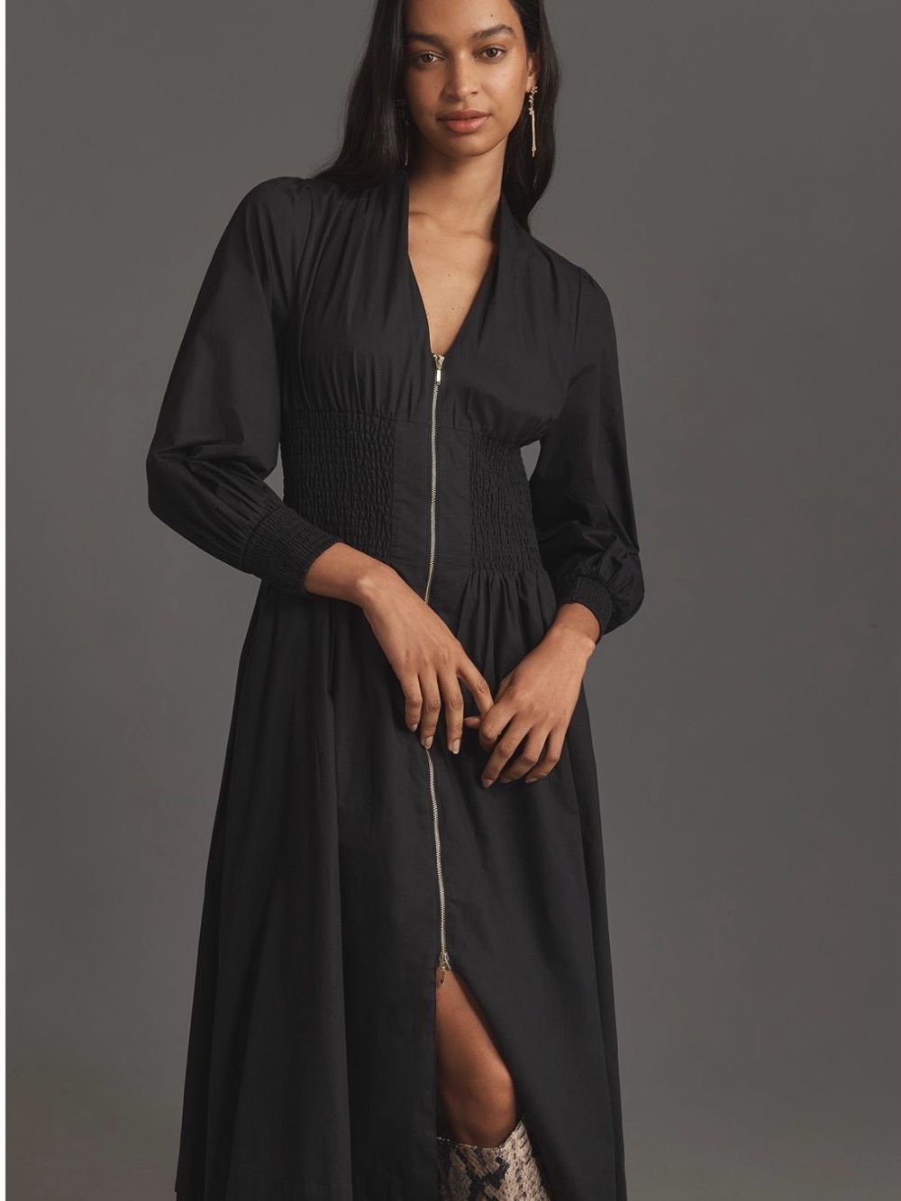 Anthropologie Tommie Black Zip-Front Long Sleeve Midi Dress